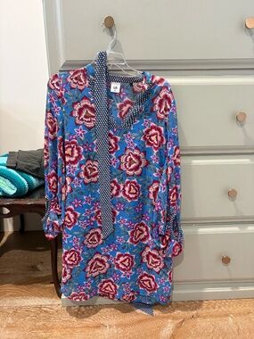 Cabi Floral Tie Neck Mini Dress | Blue Pink Print | XS